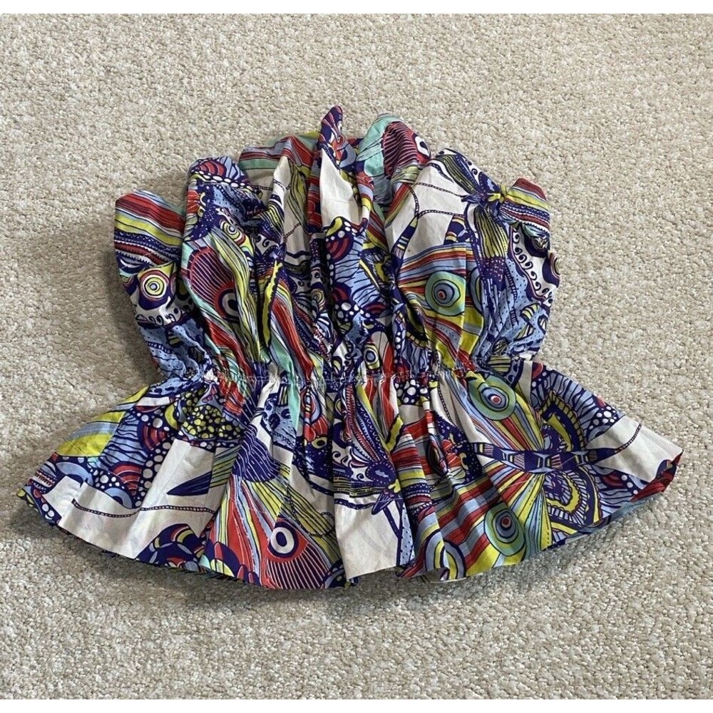 Anthropologie Strapless Smocked Ruffle Blouse Multicolor Cotton Abstract XS - Picture 2 of 10